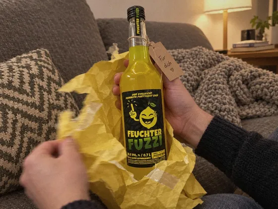Hände packen eine 0,7-l-Flasche aus gelbem Seidenpapier aus, mit Geschenkanhänger
